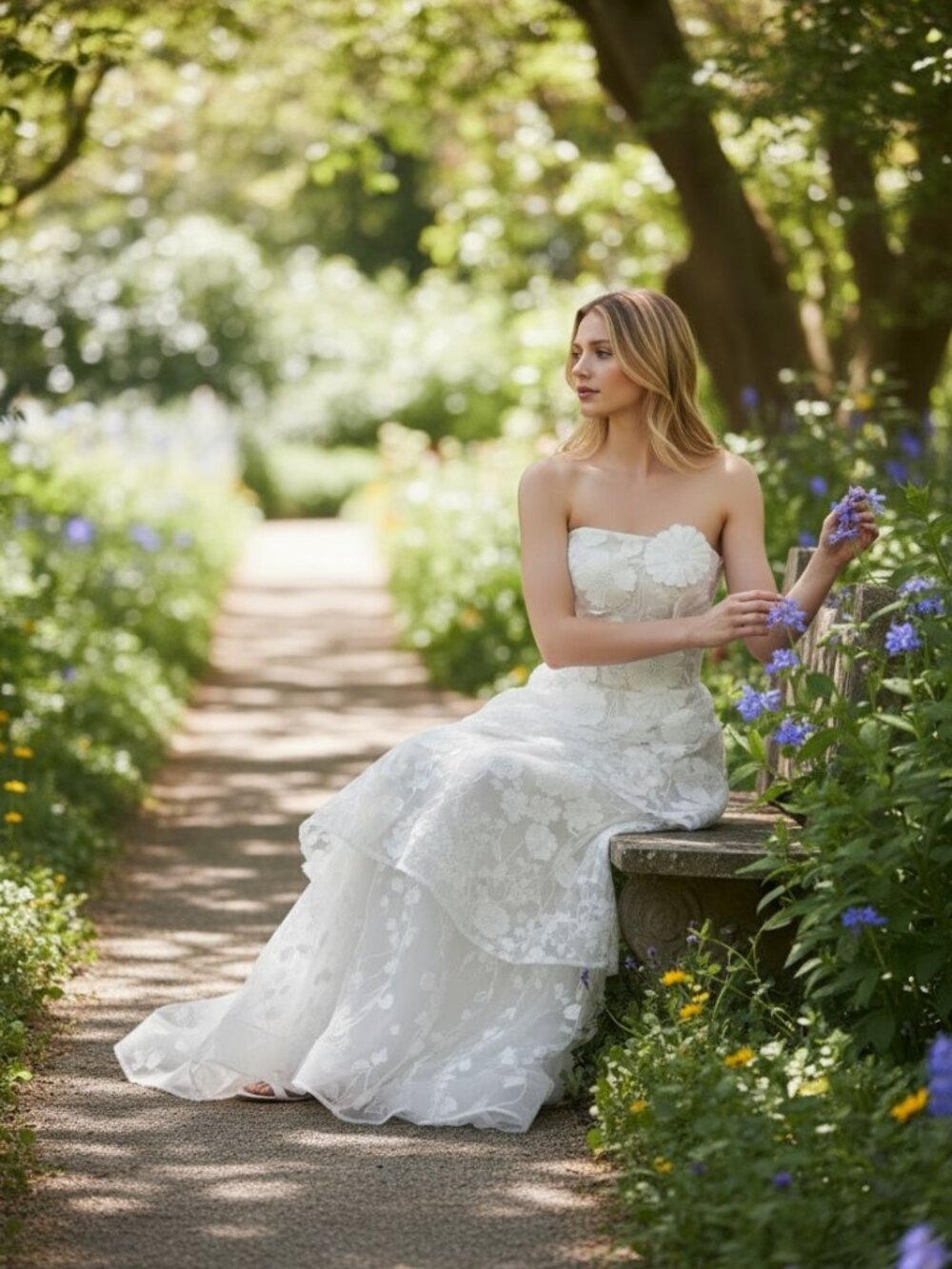 Strapless Tiered Floral Lace Wedding Gown | 3D Appliqué Boutique Size 10 - Picture 9 of 13